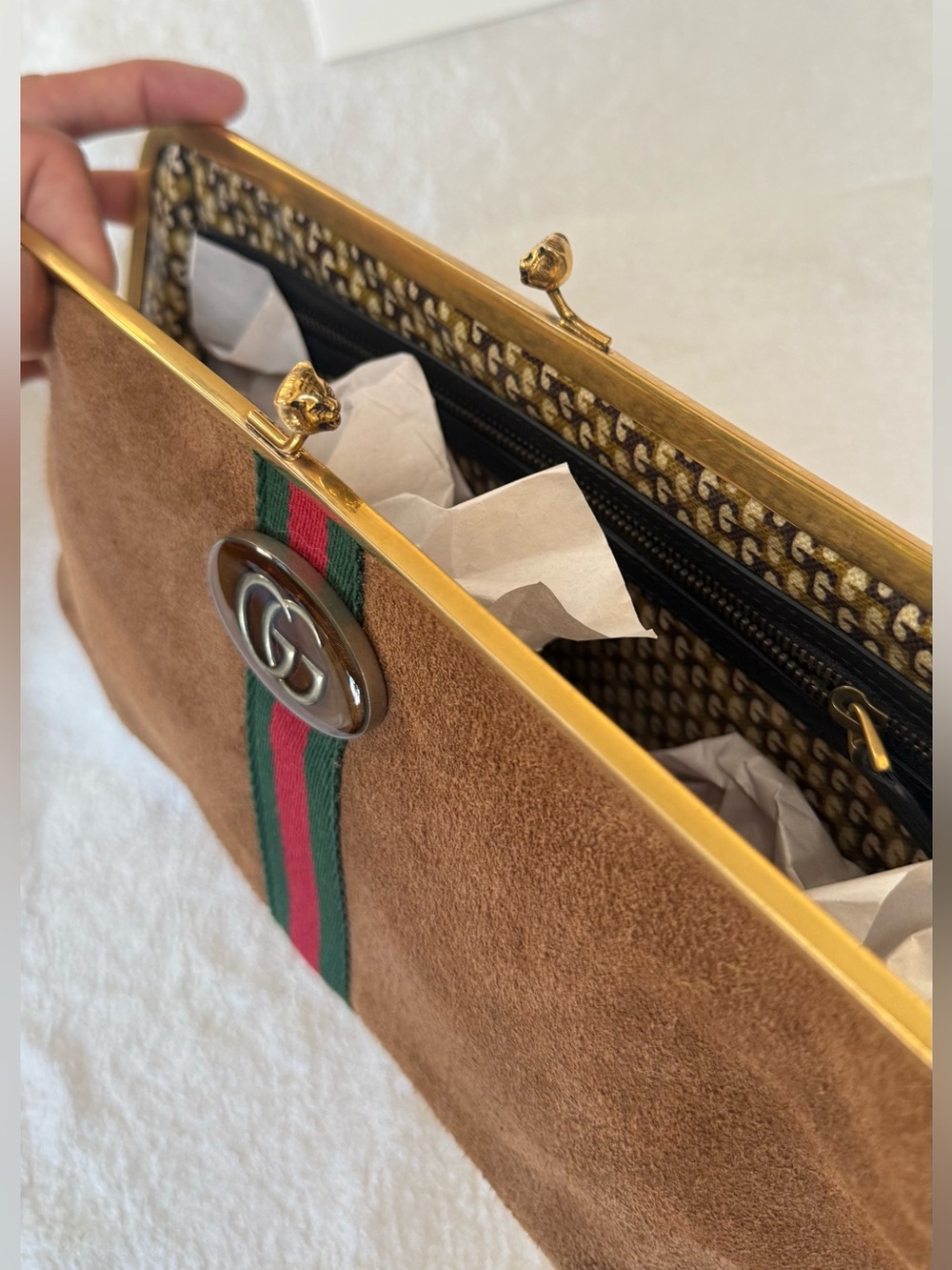 •••SOLD•••Auth Gucci Ophidia Kisslock Frame Clutch Suede Medium In Brown - Picture 16 of 17